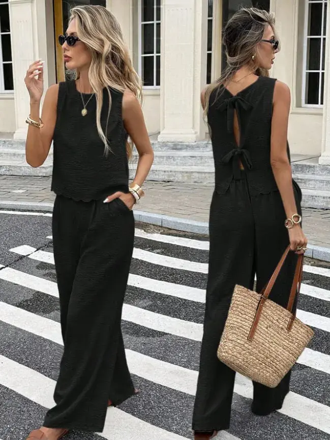 طقم كتان حريمي فيست × بنطلون Wide Leg