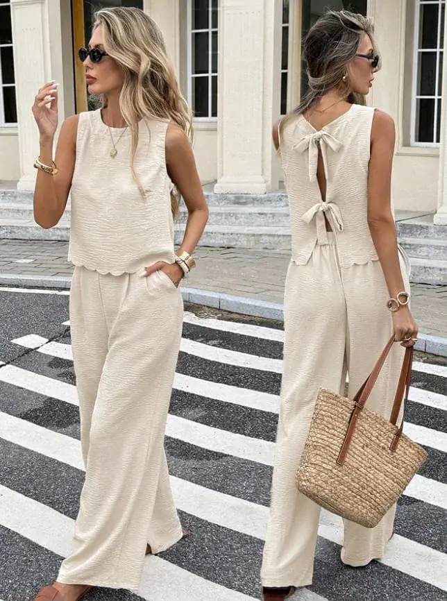طقم كتان حريمي فيست × بنطلون Wide Leg