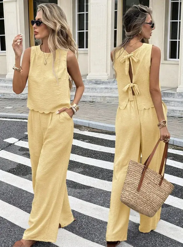 طقم كتان حريمي فيست × بنطلون Wide Leg